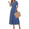 imageWomen Maxi Dresses Boho V Neck Swiss Dot Ruffle Summer Short Sleeve High Waist Tiered Flowy Smocked Cocktail DressesBlue
