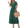 imageWomen Maxi Dresses Boho V Neck Swiss Dot Ruffle Summer Short Sleeve High Waist Tiered Flowy Smocked Cocktail DressesGreen