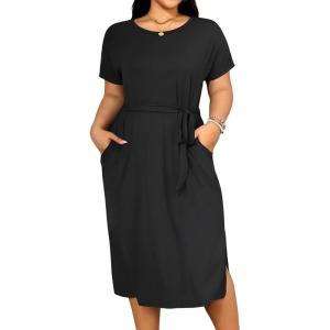 imageHolipick Plus Size Summer Dresses for Curvy Women Church Business Work Casual Party Tie Short Sleeves Midi Dress PocketsBlack
