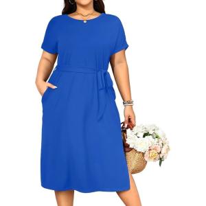 imageHolipick Plus Size Summer Dresses for Curvy Women Church Business Work Casual Party Tie Short Sleeves Midi Dress PocketsBlue