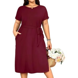 imageHolipick Plus Size Summer Dresses for Curvy Women Church Business Work Casual Party Tie Short Sleeves Midi Dress PocketsBurgundy