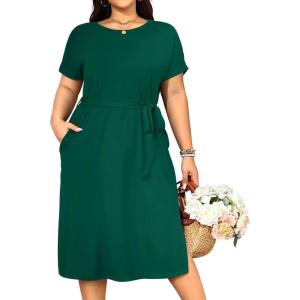 imageHolipick Plus Size Summer Dresses for Curvy Women Church Business Work Casual Party Tie Short Sleeves Midi Dress PocketsGreen