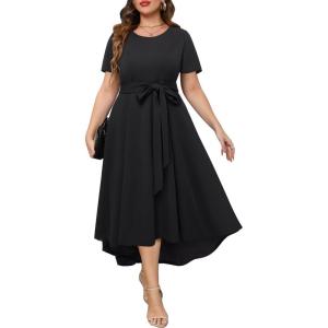 imageHolipick Womens Plus Size High Low Dress Wedding Guest Semi Formal Short Sleeves Long Cocktail Dresses with PocketsBlack