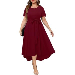 imageHolipick Womens Plus Size High Low Dress Wedding Guest Semi Formal Short Sleeves Long Cocktail Dresses with PocketsBurgundy