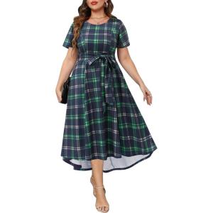imageHolipick Womens Plus Size High Low Dress Wedding Guest Semi Formal Short Sleeves Long Cocktail Dresses with PocketsChristmasgreen Plaid