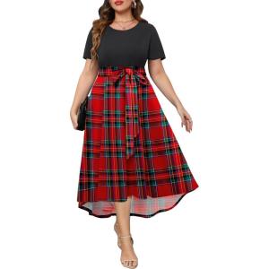 imageHolipick Womens Plus Size High Low Dress Wedding Guest Semi Formal Short Sleeves Long Cocktail Dresses with PocketsChristmasred Plaid