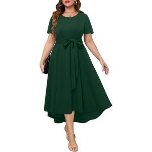 imageHolipick Womens Plus Size High Low Dress Wedding Guest Semi Formal Short Sleeves Long Cocktail Dresses with PocketsGreen