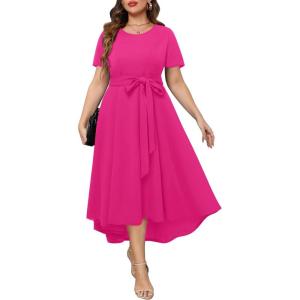imageHolipick Womens Plus Size High Low Dress Wedding Guest Semi Formal Short Sleeves Long Cocktail Dresses with PocketsPink