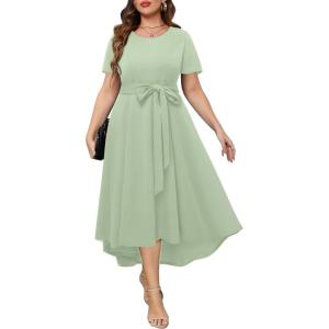 imageHolipick Womens Plus Size High Low Dress Wedding Guest Semi Formal Short Sleeves Long Cocktail Dresses with PocketsSage