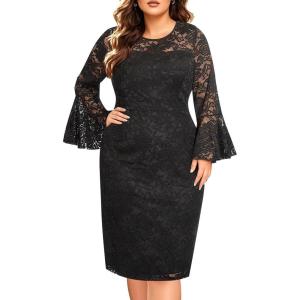 imageHolipick Womens Plus Size Lace Bell Sleeve Dress Wedding Guest Cocktail Party Elegant DressesBlack