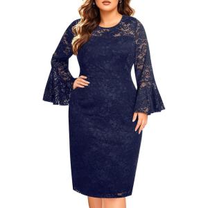 imageHolipick Womens Plus Size Lace Bell Sleeve Dress Wedding Guest Cocktail Party Elegant DressesNavy Blue