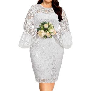 imageHolipick Womens Plus Size Lace Bell Sleeve Dress Wedding Guest Cocktail Party Elegant DressesWhite