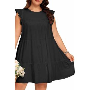 imageHolipick Womens Plus Size Summer Dresses Casual Short Dress Babydoll Ruffle Sleeve Swing Flowy Sleeveless Tunic DressBlack