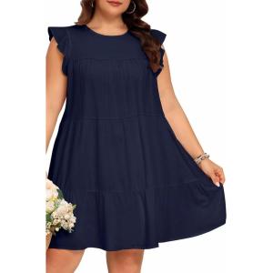 imageHolipick Womens Plus Size Summer Dresses Casual Short Dress Babydoll Ruffle Sleeve Swing Flowy Sleeveless Tunic DressNavy Blue