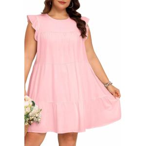 imageHolipick Womens Plus Size Summer Dresses Casual Short Dress Babydoll Ruffle Sleeve Swing Flowy Sleeveless Tunic DressPink