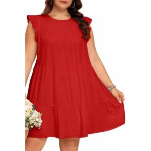 imageHolipick Womens Plus Size Summer Dresses Casual Short Dress Babydoll Ruffle Sleeve Swing Flowy Sleeveless Tunic DressRed