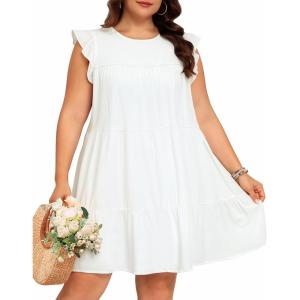 imageHolipick Womens Plus Size Summer Dresses Casual Short Dress Babydoll Ruffle Sleeve Swing Flowy Sleeveless Tunic DressWhite