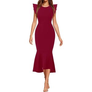 imageHolipick Womens Ruffle Sleeve Wedding Guest Dresses Cocktail Formal Bodycon Mermaid Evening Party Midi DressesBurgundy