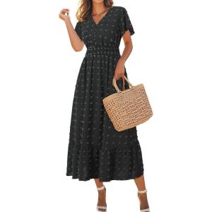 imageWomen Maxi Dresses Boho V Neck Swiss Dot Ruffle Summer Short Sleeve High Waist Tiered Flowy Smocked Cocktail DressesBlack