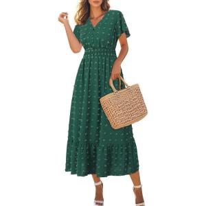 imageWomen Maxi Dresses Boho V Neck Swiss Dot Ruffle Summer Short Sleeve High Waist Tiered Flowy Smocked Cocktail DressesGreen