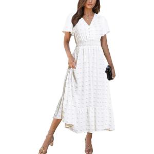 imageWomen Maxi Dresses Boho V Neck Swiss Dot Ruffle Summer Short Sleeve High Waist Tiered Flowy Smocked Cocktail DressesWhite