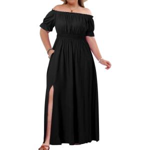 imageHolipick Womens Off The Shoulder Boho Dress Plus Size Floral Smocked Waist Split Summer Maxi Sundress with PocketsBlack