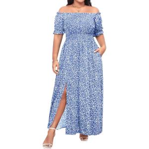 imageHolipick Womens Off The Shoulder Boho Dress Plus Size Floral Smocked Waist Split Summer Maxi Sundress with PocketsBlue Floral