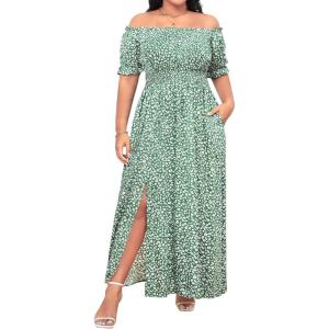imageHolipick Womens Off The Shoulder Boho Dress Plus Size Floral Smocked Waist Split Summer Maxi Sundress with PocketsGreen Floral
