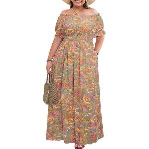 imageHolipick Womens Off The Shoulder Boho Dress Plus Size Floral Smocked Waist Split Summer Maxi Sundress with PocketsGreygreen Floral