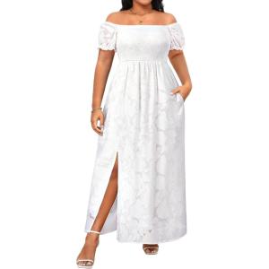 imageHolipick Womens Off The Shoulder Boho Dress Plus Size Floral Smocked Waist Split Summer Maxi Sundress with PocketsWhite