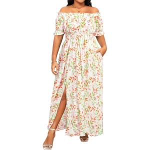 imageHolipick Womens Off The Shoulder Boho Dress Plus Size Floral Smocked Waist Split Summer Maxi Sundress with PocketsWhite Floral