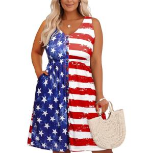 imageHolipick Womens Plus Size Summer Dresses for Women Casual Dress with Pockets ALine Swing Button Down Sleeveless V NeckAmerican Flag