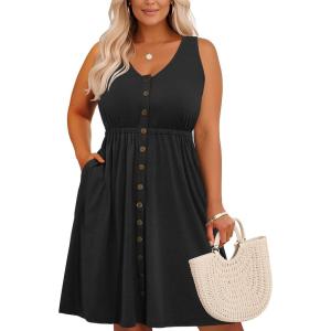 imageHolipick Womens Plus Size Summer Dresses for Women Casual Dress with Pockets ALine Swing Button Down Sleeveless V NeckBlack