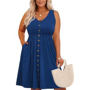 imageHolipick Womens Plus Size Summer Dresses for Women Casual Dress with Pockets ALine Swing Button Down Sleeveless V NeckBlue