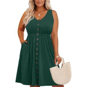 imageHolipick Womens Plus Size Summer Dresses for Women Casual Dress with Pockets ALine Swing Button Down Sleeveless V NeckEmerald Green