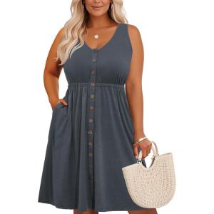 imageHolipick Womens Plus Size Summer Dresses for Women Casual Dress with Pockets ALine Swing Button Down Sleeveless V NeckGray