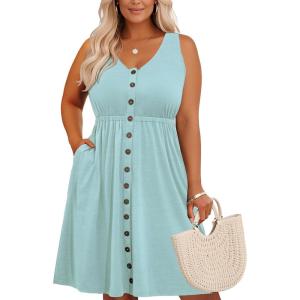 imageHolipick Womens Plus Size Summer Dresses for Women Casual Dress with Pockets ALine Swing Button Down Sleeveless V NeckGreen