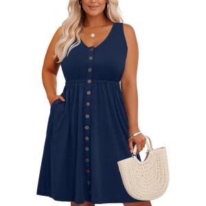 imageHolipick Womens Plus Size Summer Dresses for Women Casual Dress with Pockets ALine Swing Button Down Sleeveless V NeckNavy Blue