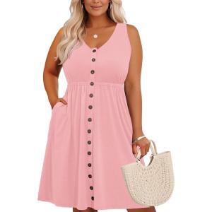 imageHolipick Womens Plus Size Summer Dresses for Women Casual Dress with Pockets ALine Swing Button Down Sleeveless V NeckPink