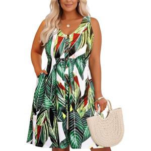imageHolipick Womens Plus Size Summer Dresses for Women Casual Dress with Pockets ALine Swing Button Down Sleeveless V NeckTropical Leaves