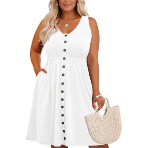 imageHolipick Womens Plus Size Summer Dresses for Women Casual Dress with Pockets ALine Swing Button Down Sleeveless V NeckWhite