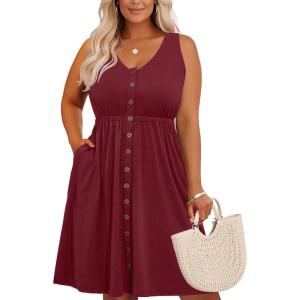 imageHolipick Womens Plus Size Summer Dresses for Women Casual Dress with Pockets ALine Swing Button Down Sleeveless V NeckWine Red