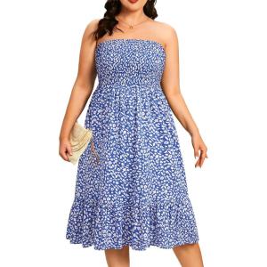 imagePlus Size Summer Dresses  Strapless Tube Top Sundress Casual Beach Swimsuit Cover Up Swimwear Boho Midi Dress 2025Blue Floral