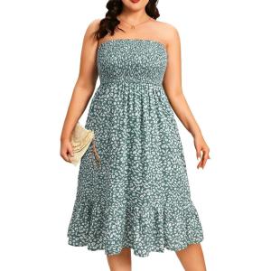 imagePlus Size Summer Dresses  Strapless Tube Top Sundress Casual Beach Swimsuit Cover Up Swimwear Boho Midi Dress 2025Green Floral