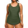 imageHolipick Plus Size Sarong One Piece Swimsuit for Women Tummy Control Bathing Suit Ruched Backless SwimwearArmy Green