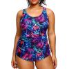 imageHolipick Plus Size Sarong One Piece Swimsuit for Women Tummy Control Bathing Suit Ruched Backless SwimwearBlue Purple Leaf