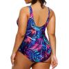imageHolipick Plus Size Sarong One Piece Swimsuit for Women Tummy Control Bathing Suit Ruched Backless SwimwearBlue Purple Leaf
