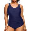 imageHolipick Plus Size Sarong One Piece Swimsuit for Women Tummy Control Bathing Suit Ruched Backless SwimwearNavy Blue