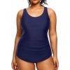 imageHolipick Plus Size Sarong One Piece Swimsuit for Women Tummy Control Bathing Suit Ruched Backless SwimwearNavy Blue