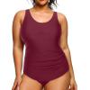 imageHolipick Plus Size Sarong One Piece Swimsuit for Women Tummy Control Bathing Suit Ruched Backless SwimwearWine Red